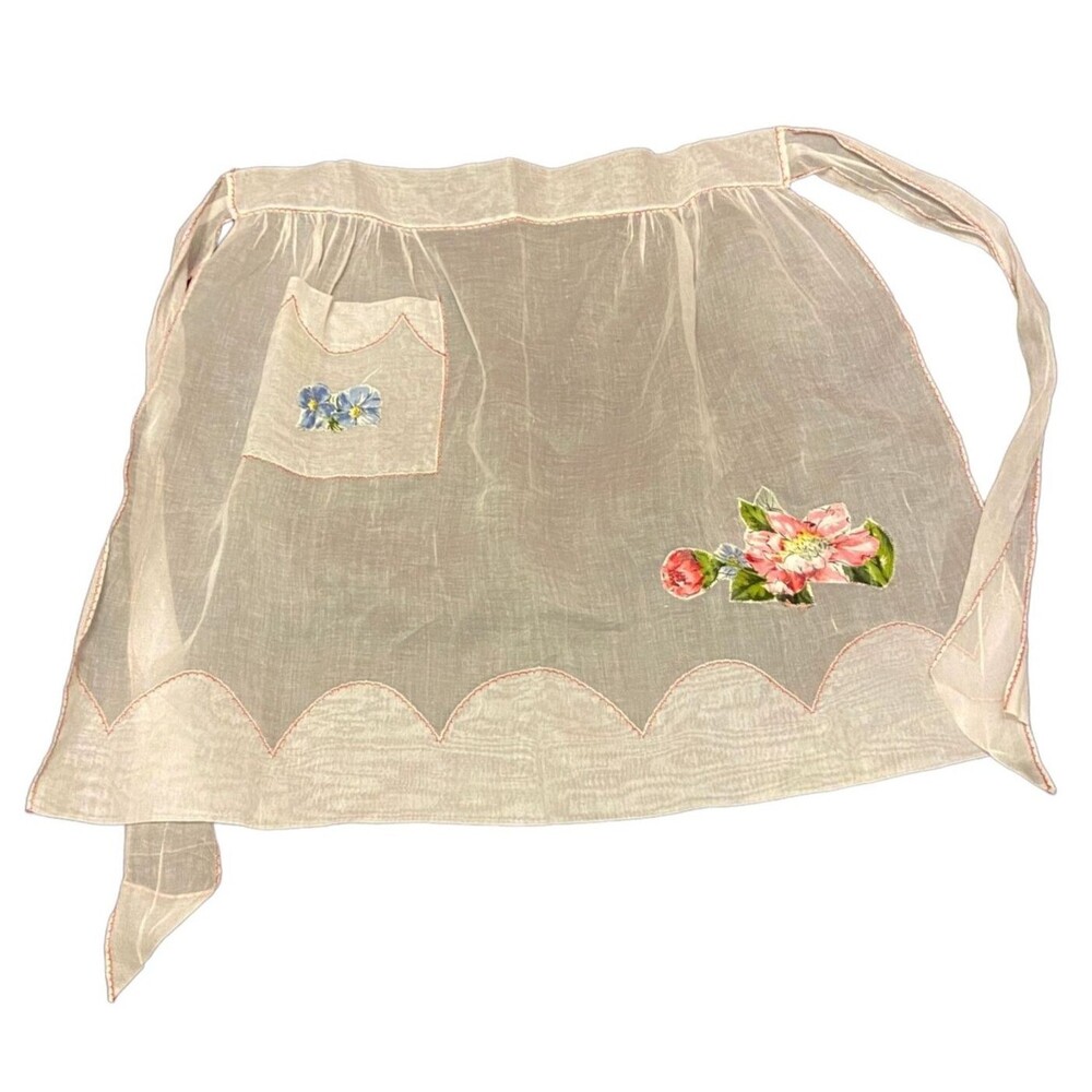 #5728 Womens  Sheer White Sewn on Floral patches Half Hostess Apron with Pockets